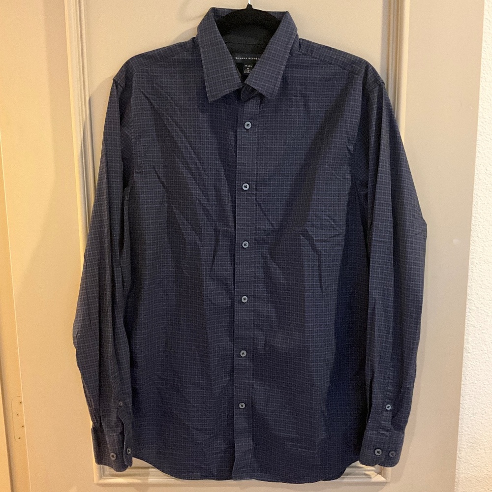 BANANA REPUBLIC Long Sleeve Button Down Oxford Shirt Blue Black Plaid Medium 15